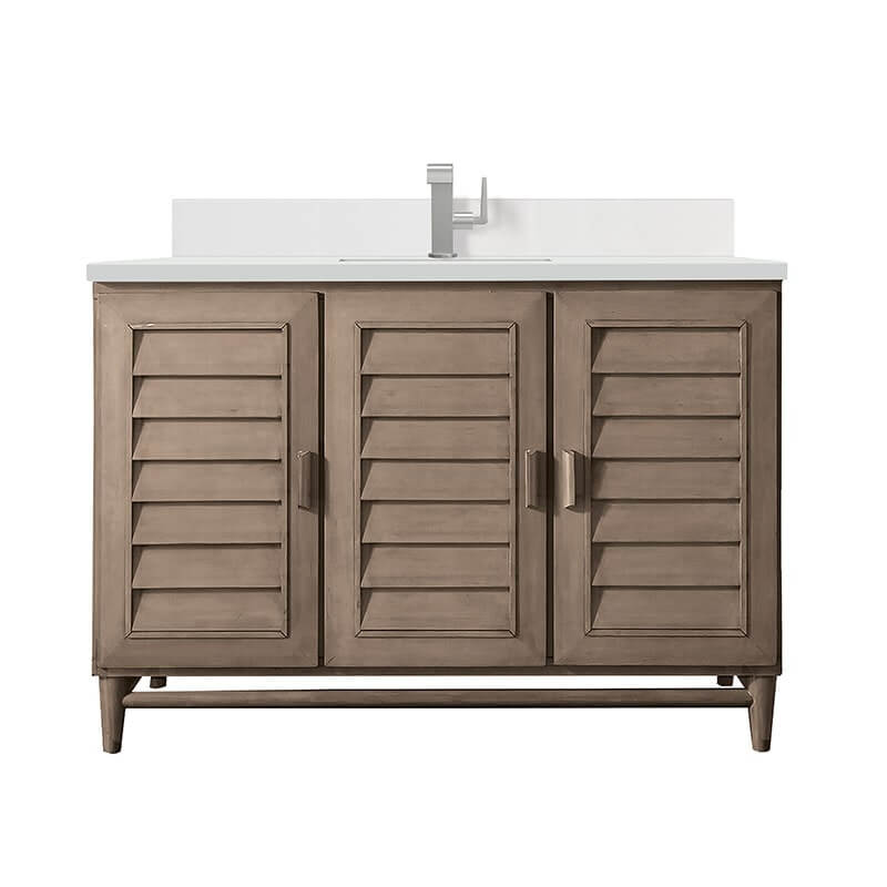 Portland 48" Single Vanity Whitewashed Walnut Single Hole Faucet White Zeus Silestone Top & Backsplash