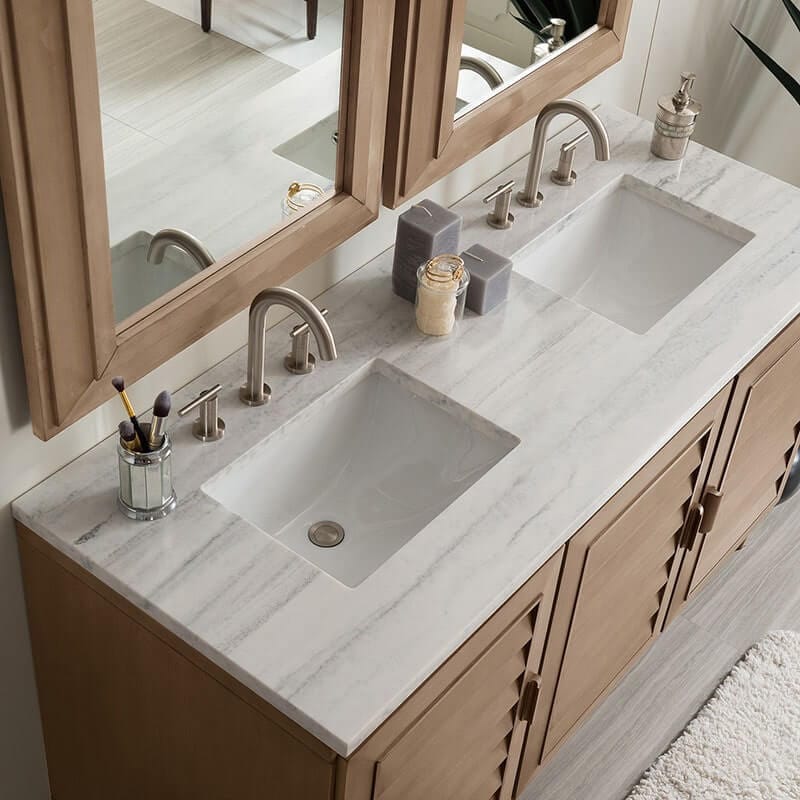 Portland 60" Double Vanity Whitewashed Walnut Arctic Fall Solid Surface Top