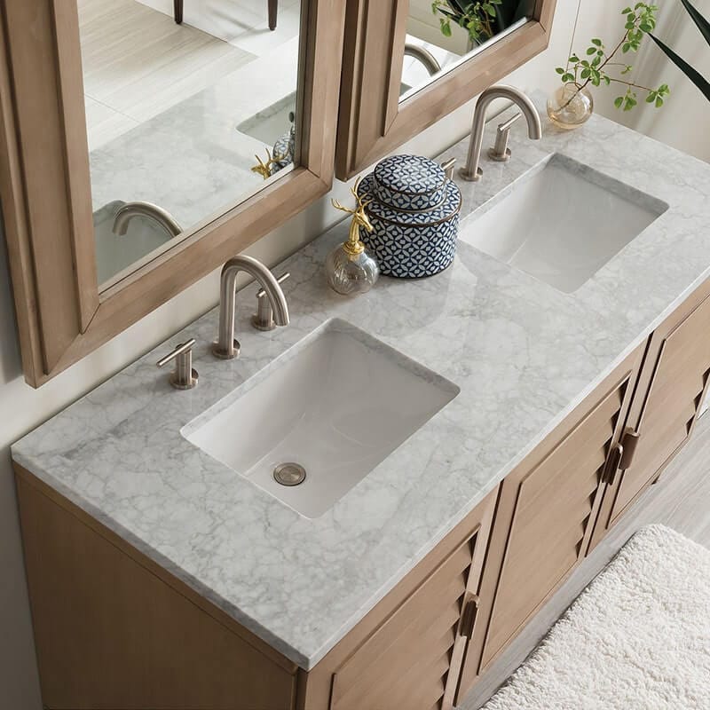 Portland 60" Double Vanity Whitewashed Walnut Carrara White Marble Top