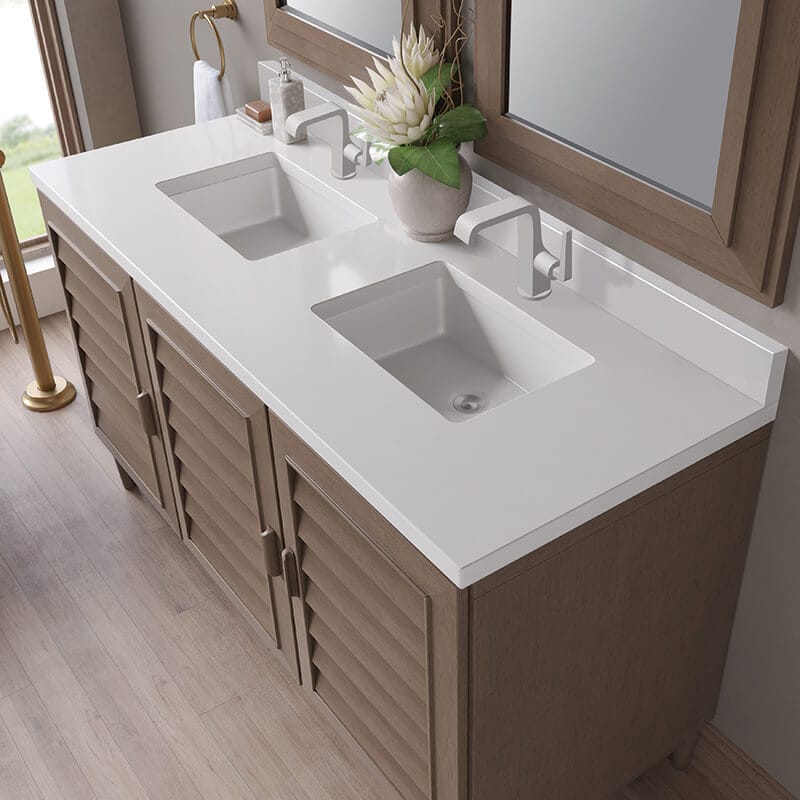 Portland 60 Inch Double Vanity in Whitewashed Walnut With Single Hole Faucet White Zeus Silestone Top Backsplash