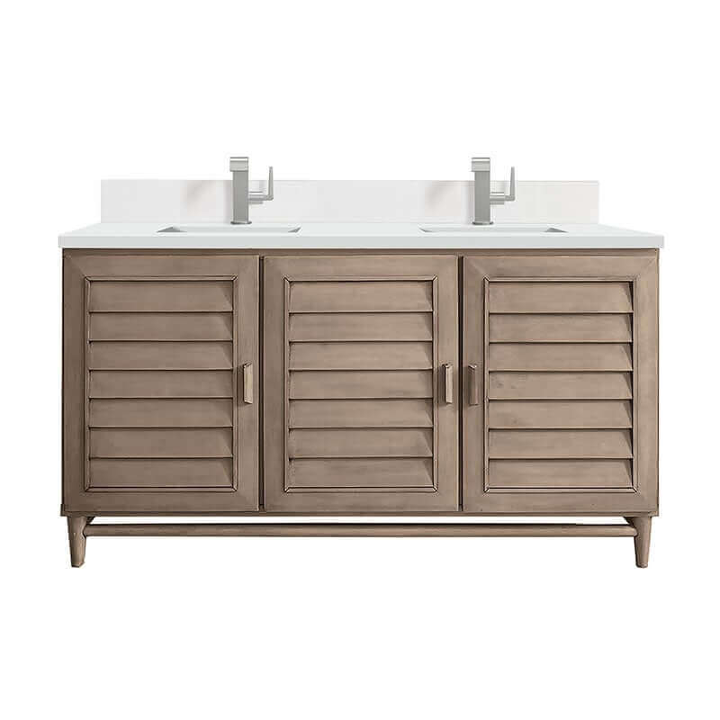 Portland 60 Inch Double Vanity Whitewashed Walnut Single Hole Faucet White Zeus Silestone Top & Backsplash