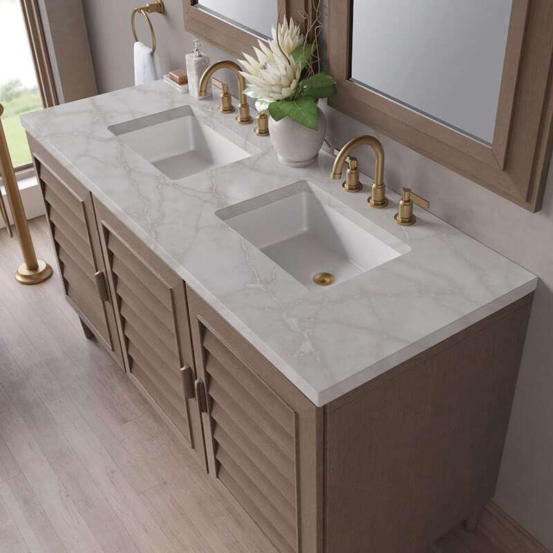 Portland 60 Inch Double Vanity Whitewashed Walnut Victorian Silver Silestone Top