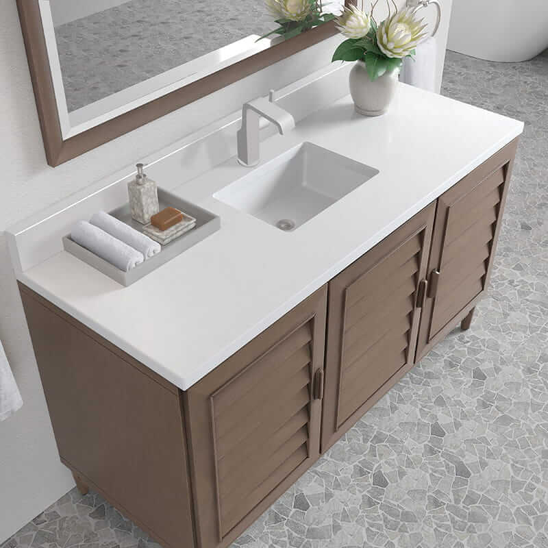 Portland 60 Inch Single Vanity in Whitewashed Walnut With Single Hole Faucet White Zeus Silestone Top Backsplash