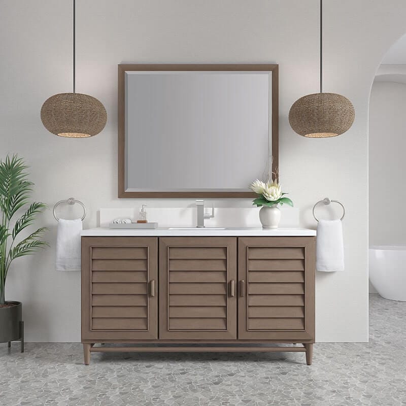 Portland 60" Single Vanity Whitewashed Walnut Single Hole Faucet White Zeus Silestone Top & Backsplash