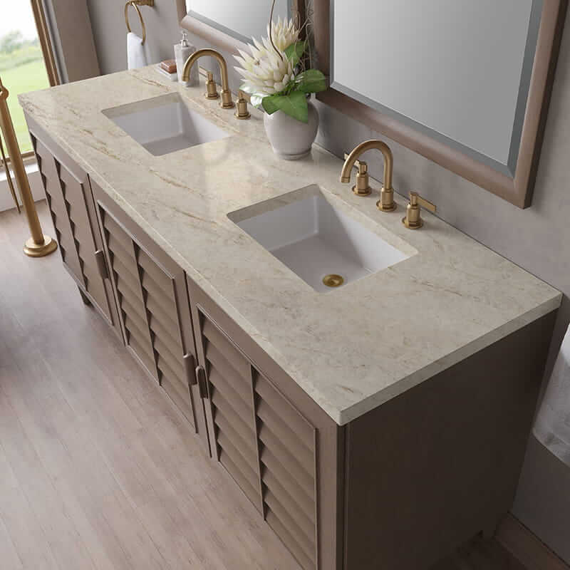 Portland 72" Double Vanity in Whitewashed Walnut With Tajnar Eclos Top