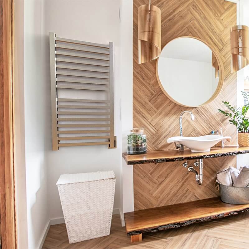 Quadro Q2142.2 16 Bar Towel Warmer in Brushed Stainless With TDHC Corner View Lifestyle