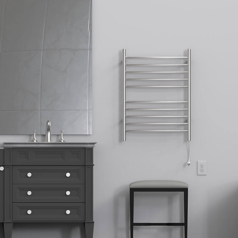 Radiant Hardwired Curved 10 Bar Towel Warmer Brushed Stainless Plug in Front View Application