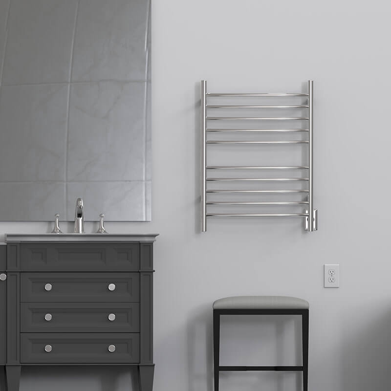 Radiant Hardwired Curved 10 Bar Towel Warmer Polished Stainless Front View Application