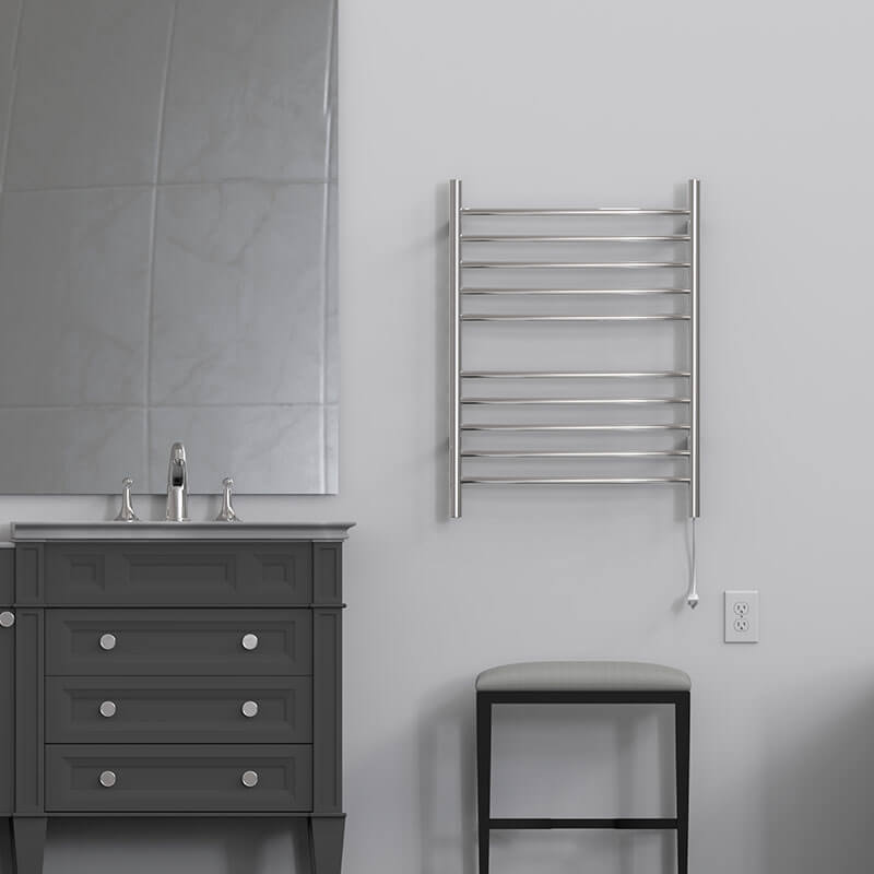 Radiant Hardwired Curved 10 Bar Towel Warmer Polished Stainless Plug in Front View Application