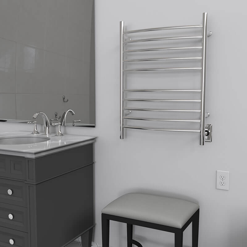 Radiant Hardwired Curved Towel Warmer Polished Stainless Front Side View Application