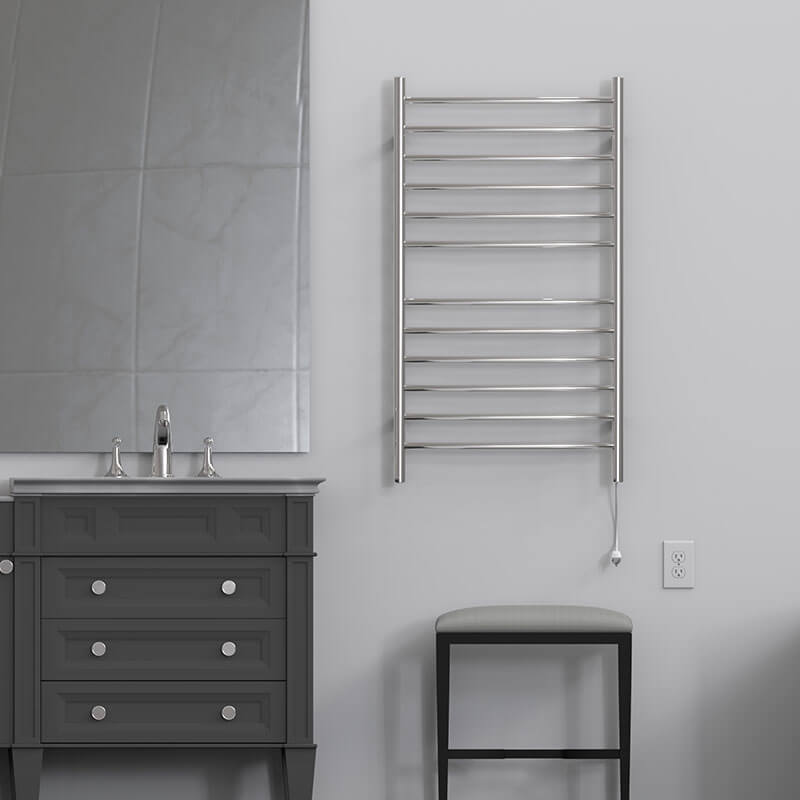 Radiant Large Hardwired Curved 12 Bar Towel Warmer Polished Stainless Plug in Front View Application