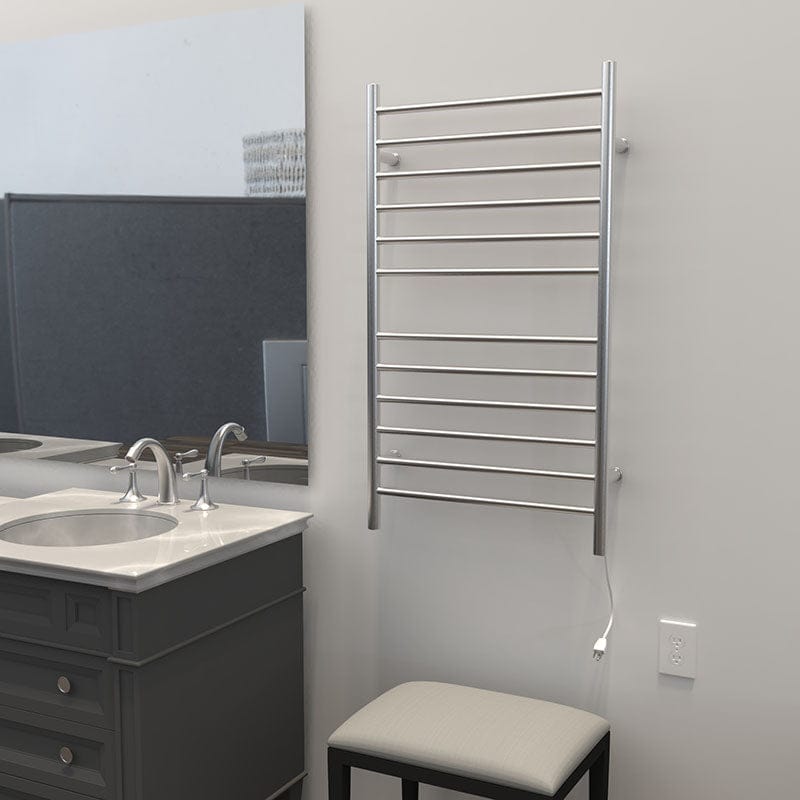 Radiant Large Straight Towel Warmer Brushed Stainless Plug in Side View Application