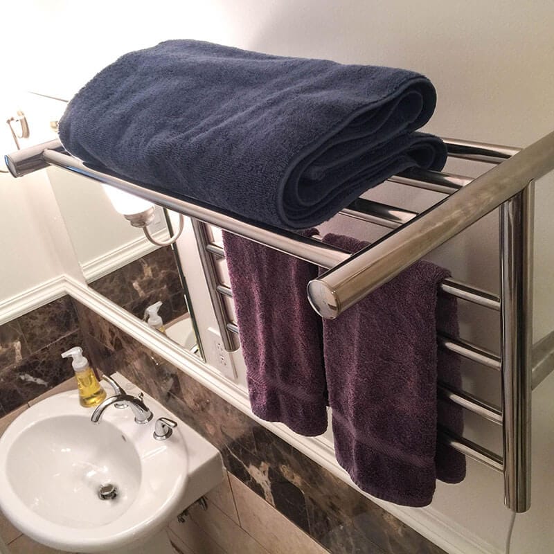Radiant Shelf 8 Bar Towel Warmer Polished Stainless Close View Towels