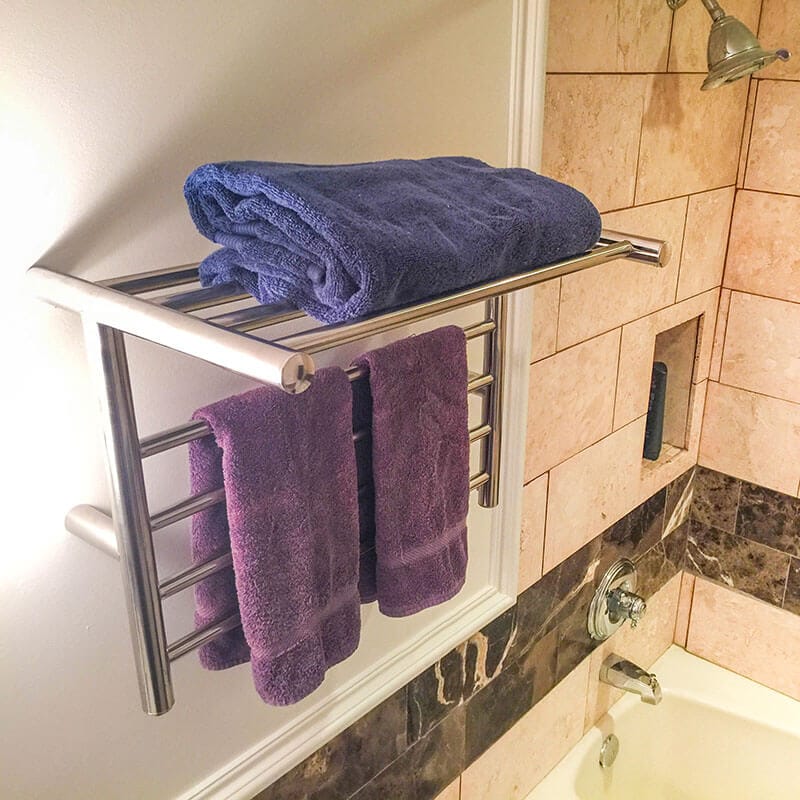 Radiant Shelf Towel Warmer Polished Stainless Side View Towels