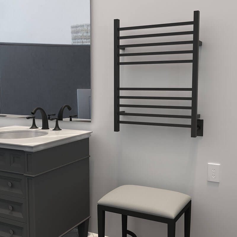 Radiant Square 10 Bar Towel Warmer Matte Black Hardwired Side View Application
