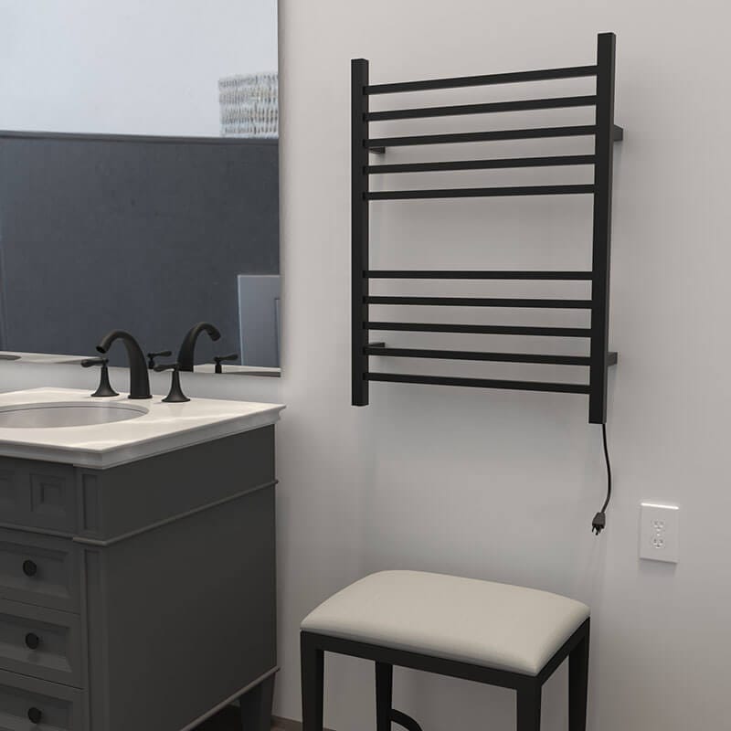 Radiant Square Towel Warmer Matte Black Plug in Side View Application
