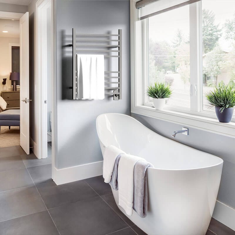 Radiant Square Towel Warmer Polished Stainless Bathroom Set Up