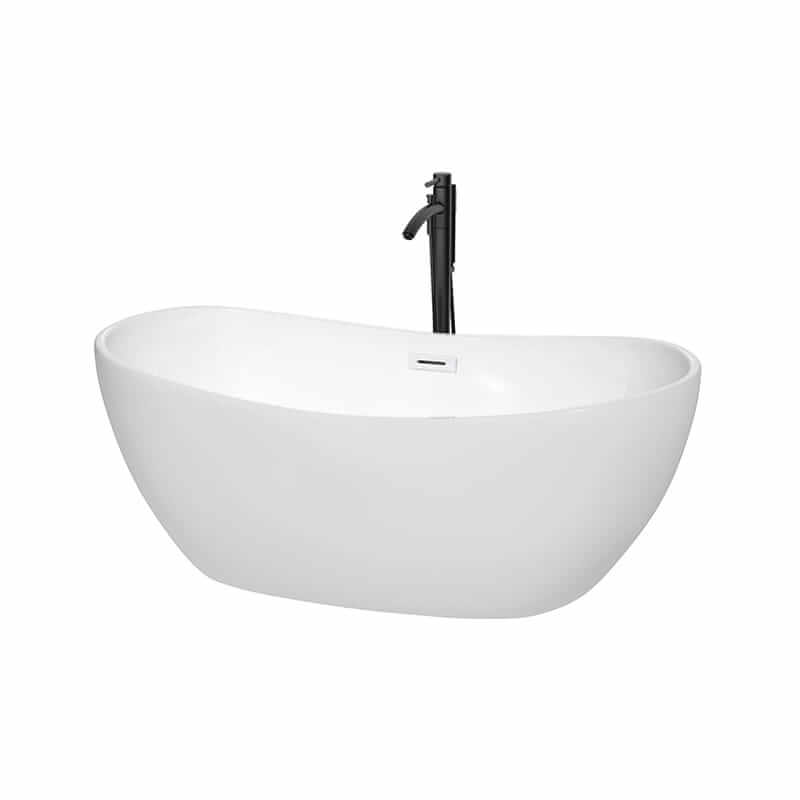 Rebecca 60" Freestanding Acrylic Bathtub With Shiny White Trim and Matte Black Faucet Top Front View