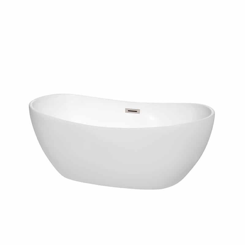 Rebecca 60" Freestanding Acrylic White Bathtub With Brushed Nickel Trim No Faucet Top Front View