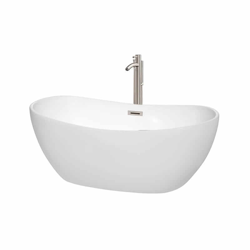 Rebecca 60" Freestanding Acrylic White Bathtub With Brushed Nickel Trim Top Front View