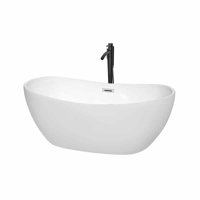 Rebecca 60" Freestanding Acrylic White Bathtub With Polished Chrome Trim and Matte Black Faucet Top Front View