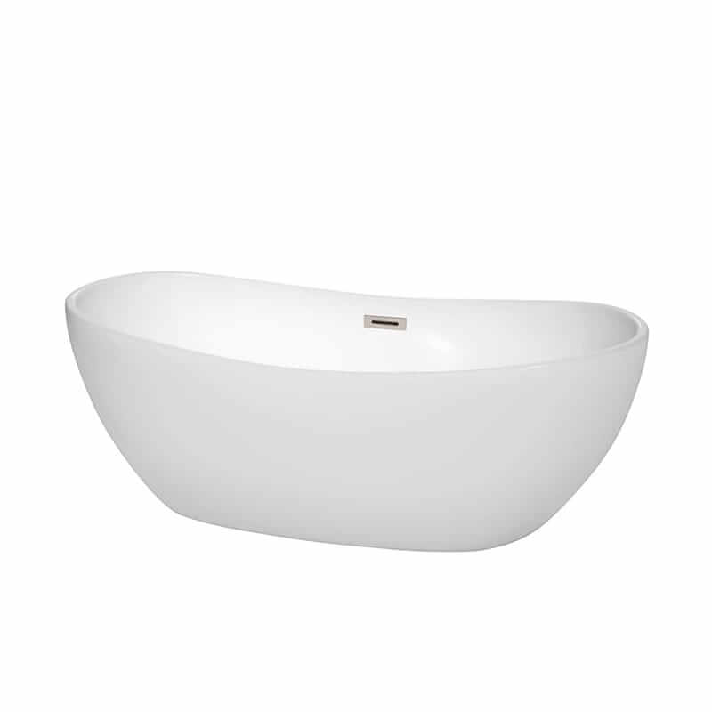 Rebecca 65" Freestanding Acrylic White Bathtub With Brushed Nickel Trim No Faucet Top Front View