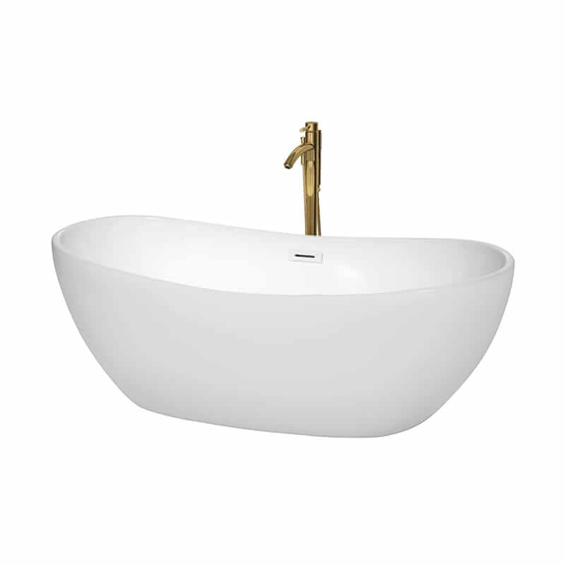 Rebecca 65" Freestanding Acrylic White Bathtub With Shiny White Trim and Brushed Gold Faucet Top Front View