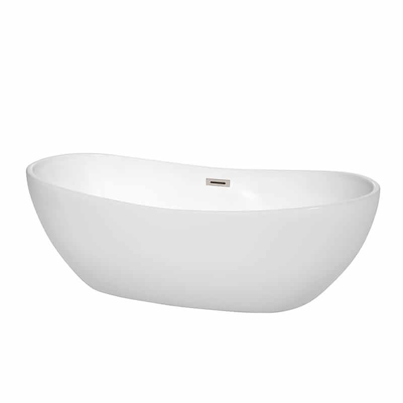 Rebecca 70" Freestanding Acrylic White Bathtub With Brushed Nickel Trim No Faucet Top Front View