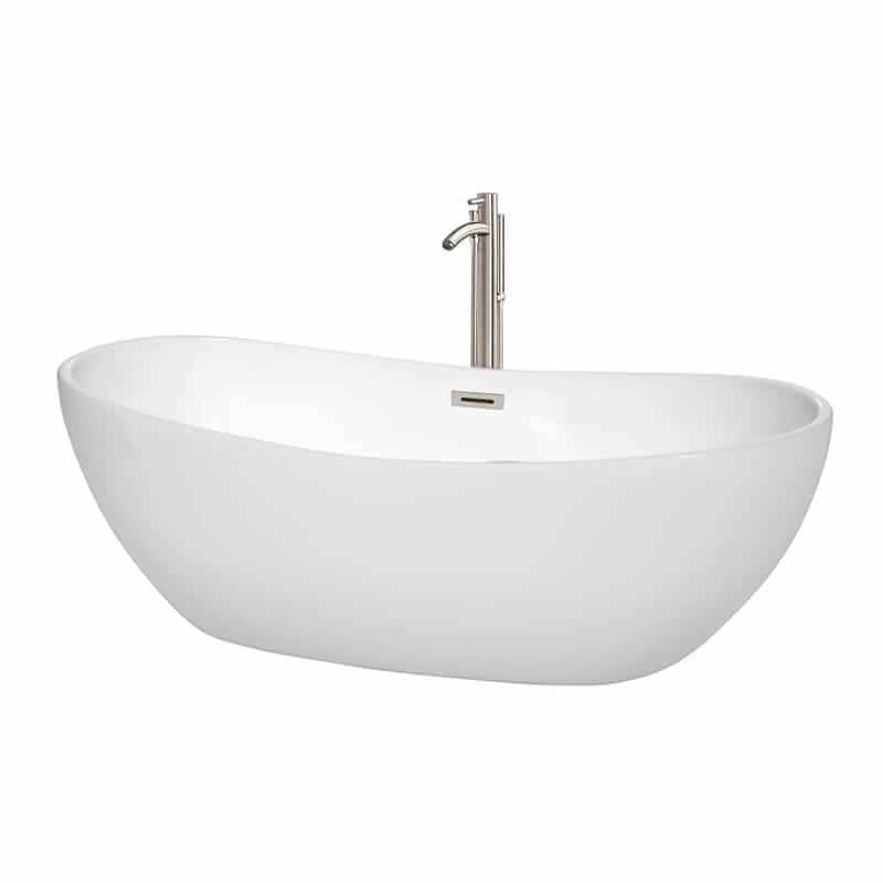 Rebecca 70" Freestanding Acrylic White Bathtub With Brushed Nickel Trim Top Front View