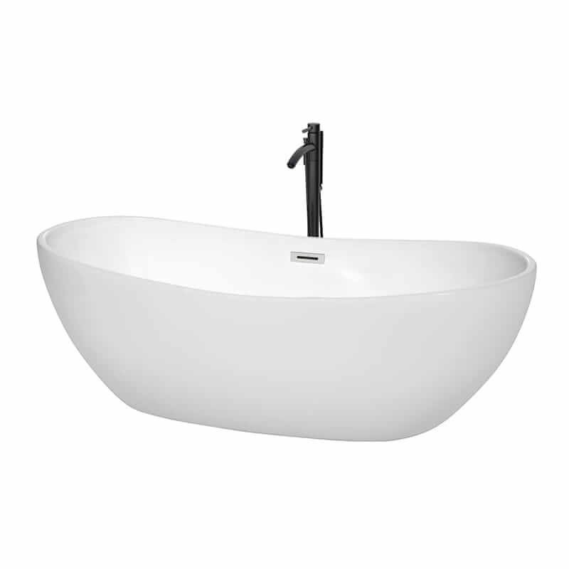 Rebecca 70" Freestanding Acrylic White Bathtub With Polished Chrome Trim and Matte Black Faucet Top Front View