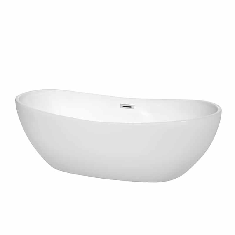 Rebecca 70" Freestanding Acrylic White Bathtub With Polished Chrome Trim No Faucet Top Front View