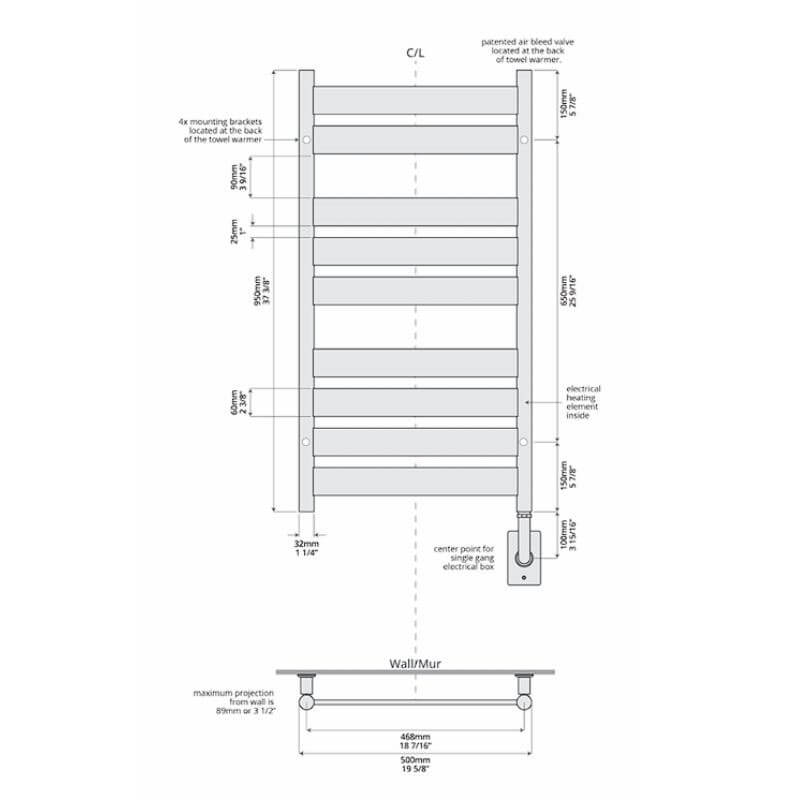 Romano 19.5 X 37 Towel Warmer Diagram and Measurement