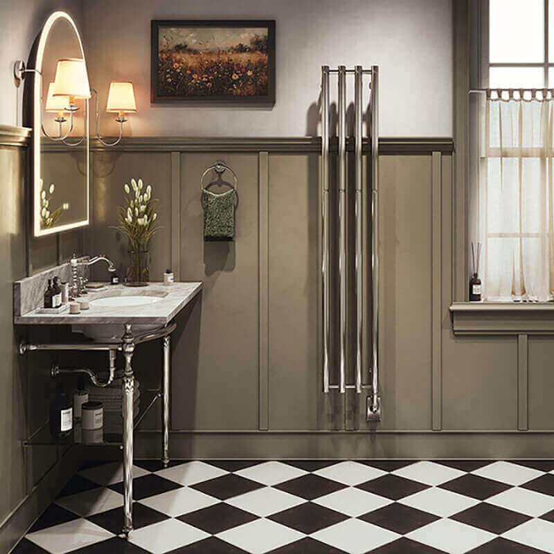 Rosendal 10.5 X 37.5 Towel Warmer Front View Bathroom Set Up