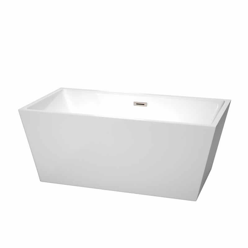 Sara 59" Freestanding Acrylic White Bathtub With Brushed Nickel Trim No Faucet Top Front View