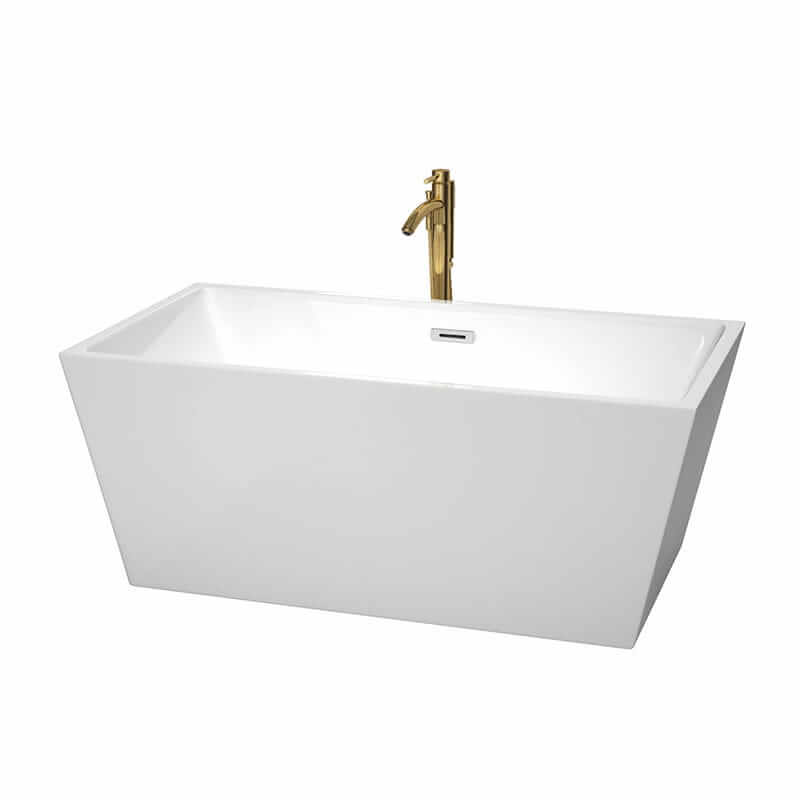 Sara 59" Freestanding Acrylic White Bathtub With Polished Chrome Trim and Brushed Gold Faucet Top Front View