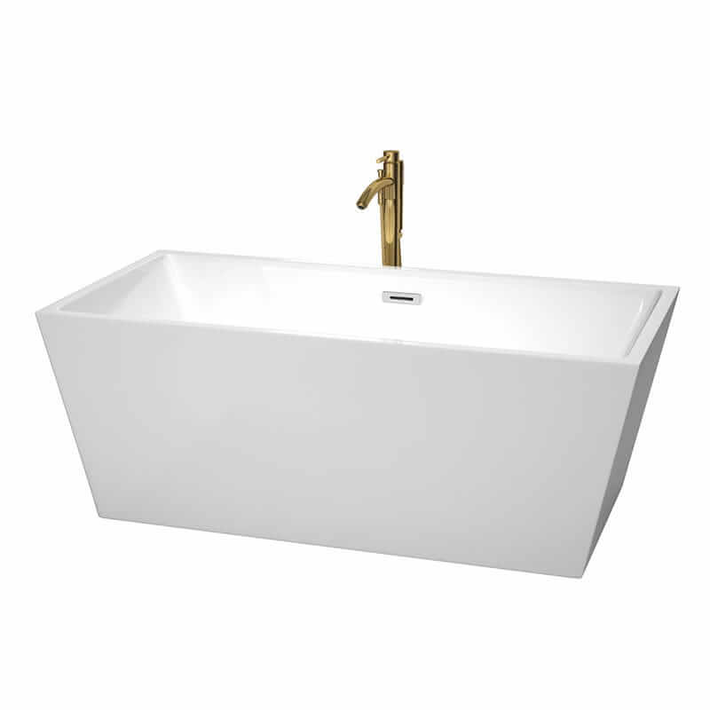 Sara 63" Freestanding Acrylic White Bathtub With Polished Chrome Trim and Brushed Gold Faucet Top Front View