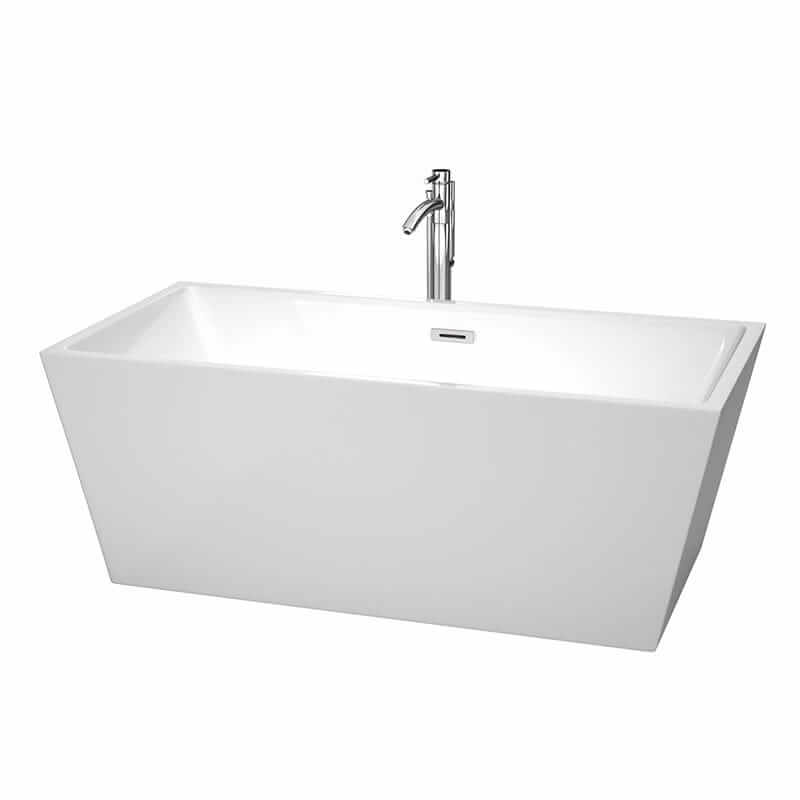 Sara 63" Freestanding Acrylic White Bathtub With Polished Chrome Trim Top Front View