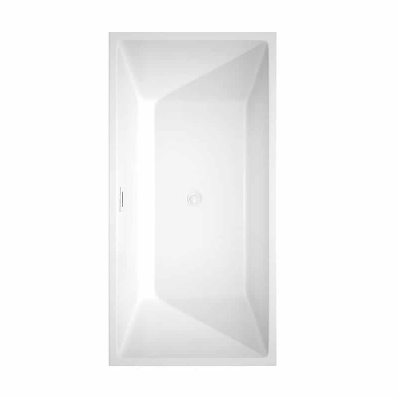 Sara 63 Inch Freestanding Acrylic White Bathtub With Shiny White Trim and Matte Black Faucet Top View