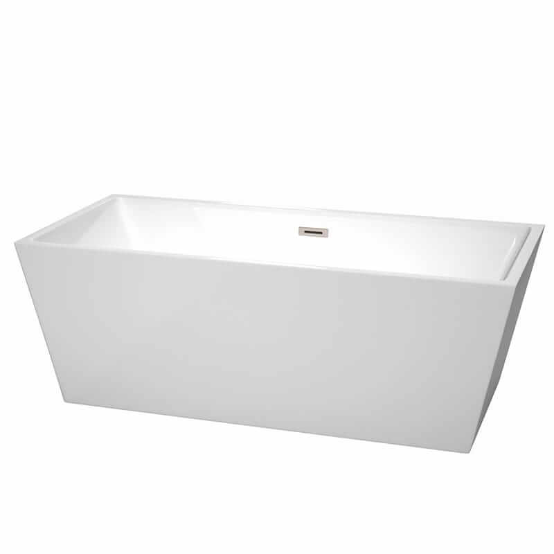Sara 67" Freestanding Acrylic White Bathtub With Brushed Nickel Trim No Faucet Top Front View