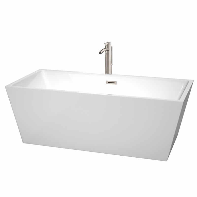 Sara 67" Freestanding Acrylic White Bathtub With Brushed Nickel Trim Top Front View
