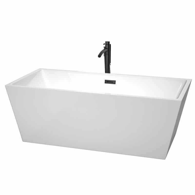 Sara 67" Freestanding Acrylic White Bathtub With Matte Black Trim Top Front View