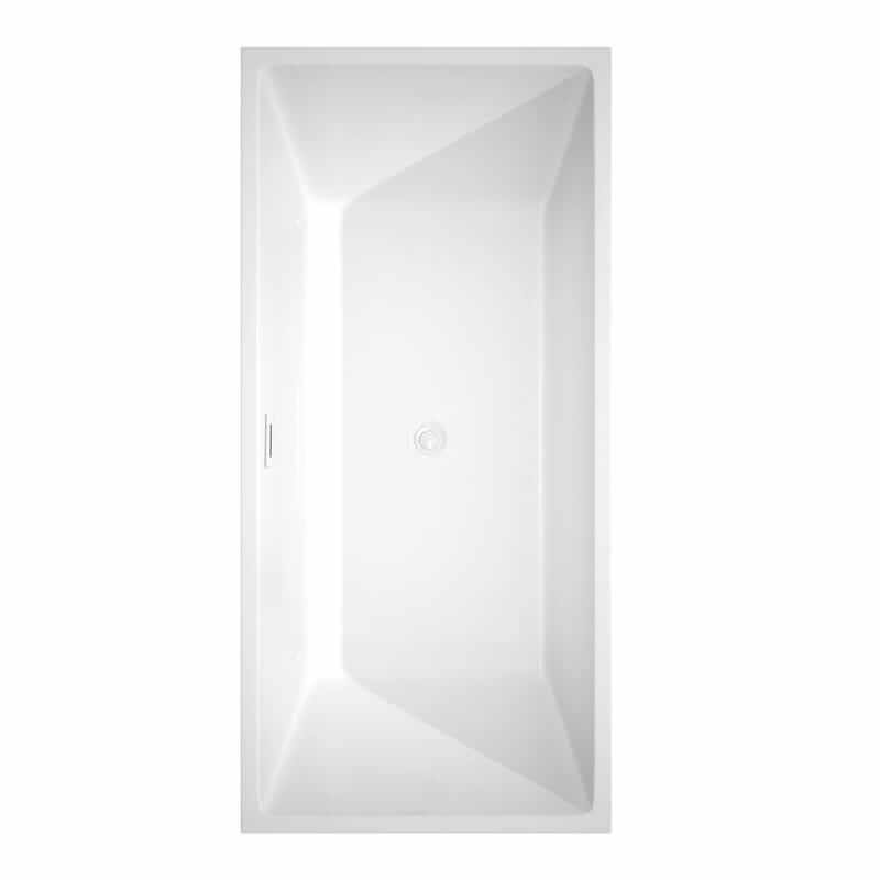 Sara 67 Inch Freestanding Acrylic White Bathtub With Shiny White Trim and Brushed Gold Faucet Top View