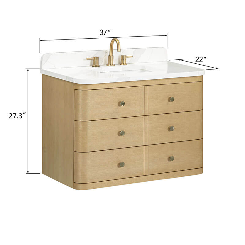 Serena 36 Single Vanity Wall-mounted White Oak in Calacatta Quartz Dimension