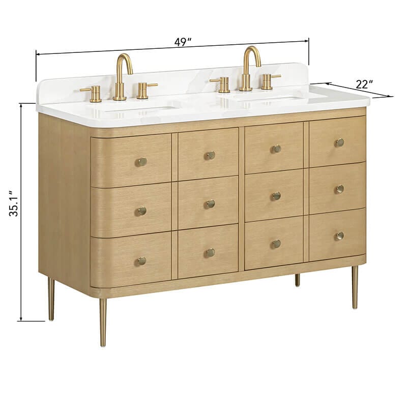 Serena 48 Inch Single Vanity White Oak Freestanding in Calacatta Quartz Dimension