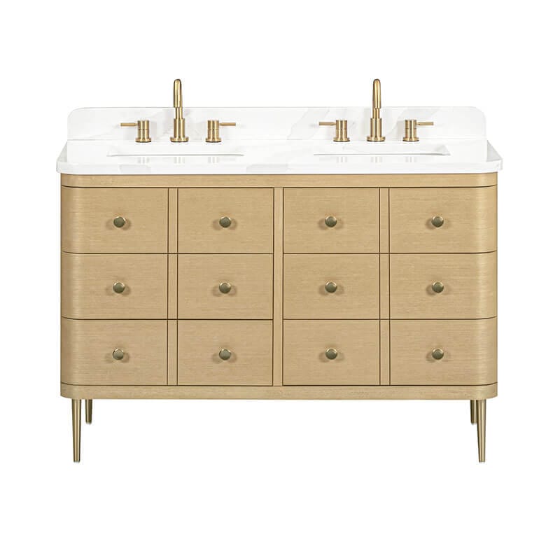 Serena 48 Single Vanity White Oak Freestanding in Calacatta Quartz Front View