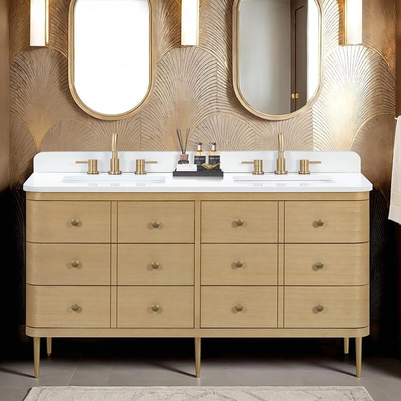 Serena 60 Double Vanity Freestanding White Oak in Cala White Engineered Stone Front View