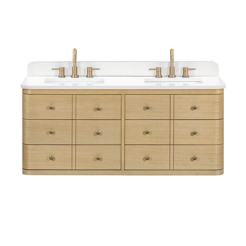 Serena 60 Double Vanity Wall-mounted White Oak in Cala White Engineered Stone Front View