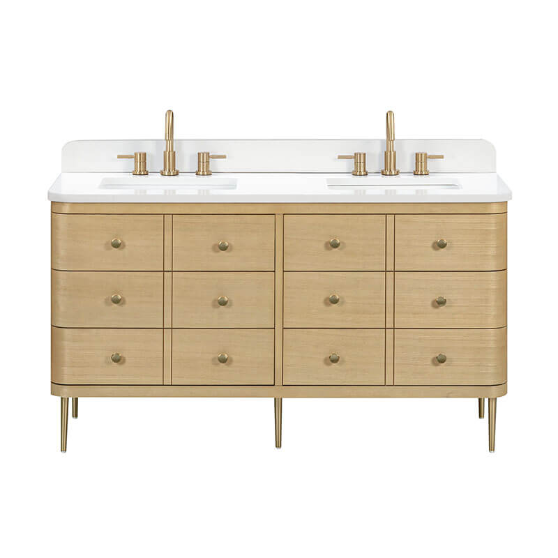 Serena 60 Inch Double Vanity Freestanding White Oak in Cala White Engineered Stone Front View
