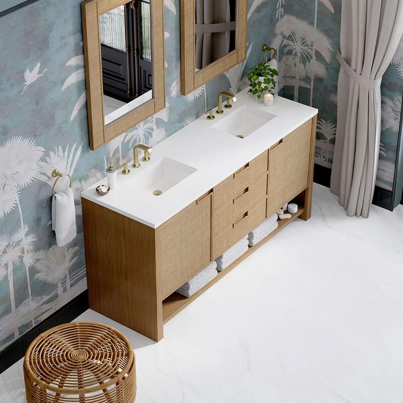 Single Hole Faucet White Zeus Silestone Top & Backsplash Solene 72 Inch Double Vanity Seaside Oak