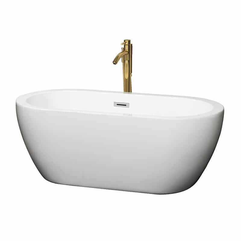 Soho 60" Freestanding Acrylic White Bathtub With Polished Chrome Trim and Brushed Gold Faucet Top Front View